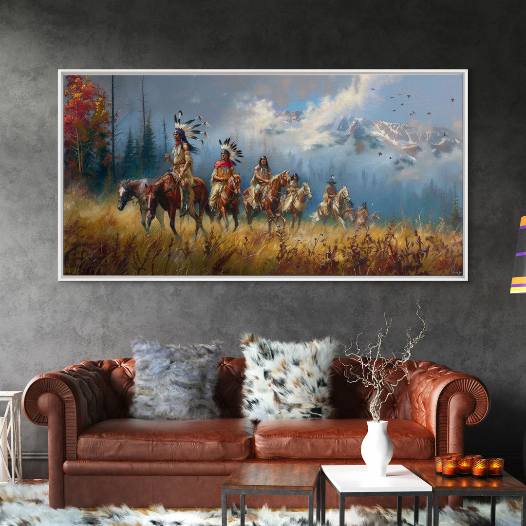 Native American Warriors on Horseback in Autumn Forest, Perfect Wall Art, Framed Canvas Print Living Room or Bedroom Decor, Historical Art