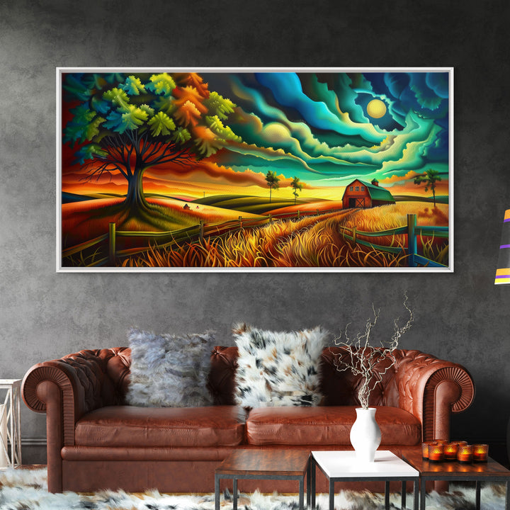Vivid Abstract Farm Landscape with Dramatic Sky, Perfect Wall Art, Framed Canvas Print for Living Room or Bedroom Decor, Colorful Nature Art