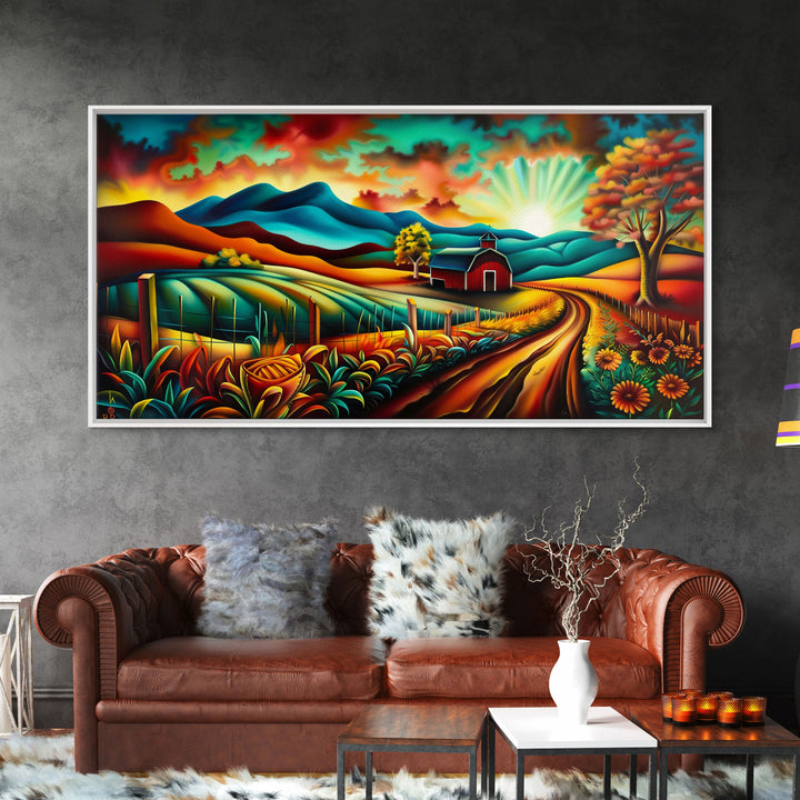 Colorful Farm Scene with Sunrise Over Mountains, Perfect Wall Art, Framed Canvas Print for Living Room or Bedroom Decor, Vibrant Nature Art