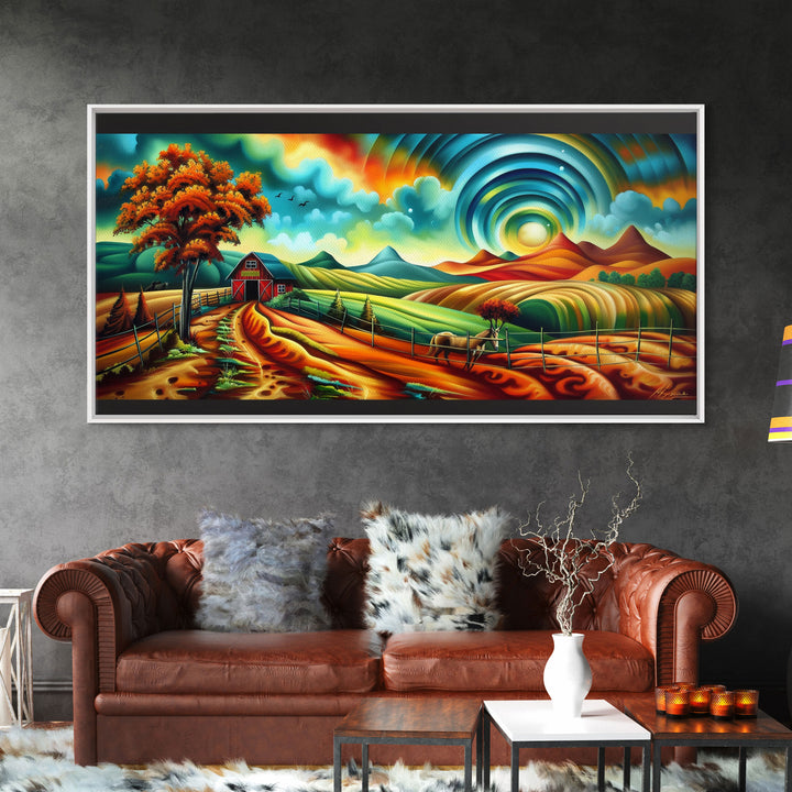Colorful Abstract Farm Landscape with Rolling Hills, Perfect Wall Art, Framed Canvas Print Living Room or Bedroom Decor, Vibrant Nature Art