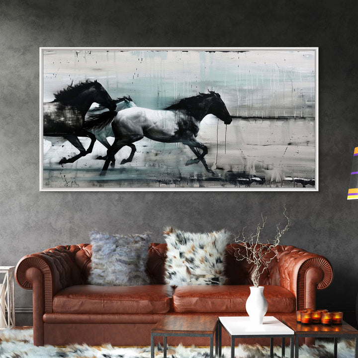 Colorful Abstract Horses Running, Black and White Wall Art, Framed Canvas Print for Living Room or Bedroom Decor, Equestrian Art