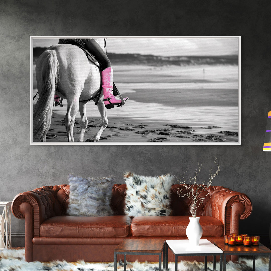 Beach Horseback Rider with Pink Boots, Delightful Framed Canvas Print, Ideal for Living Room or Bedroom Wall Art