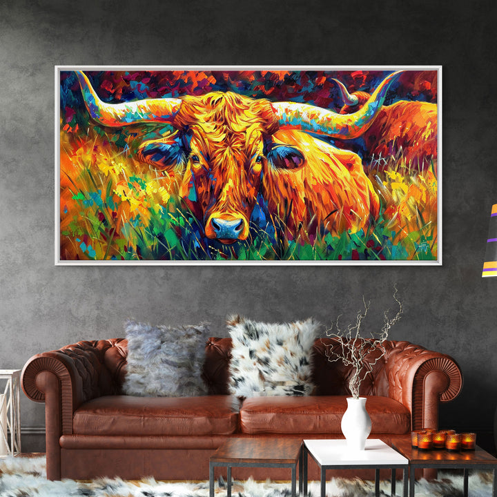 Herd of Cattle in Bright Colors, Ideal for Living Room Art, Framed Canvas Print, Bedroom Decor, Home Decoration, Contemporary Farmhouse Art
