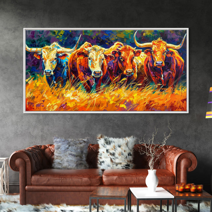 Bold and Colorful Bull Portrait, Perfect for Living Room Art, Framed Canvas Print, Bedroom Decor, Home Decoration, Vibrant Animal Art