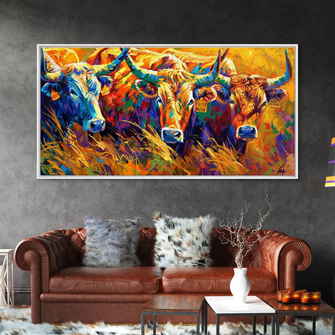 Expressive Cattle in Bright Colors, Ideal for Living Room Art, Framed Canvas Print, Bedroom Decor, Home Decoration, Unique Farmhouse Decor