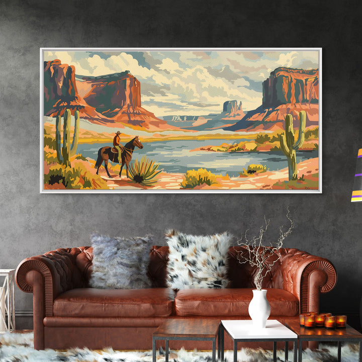 Cowboy in Monument Valley Landscape, Framed Canvas Print for Rustic Living Room Decor, Western Art for Bedroom and Home Decoration