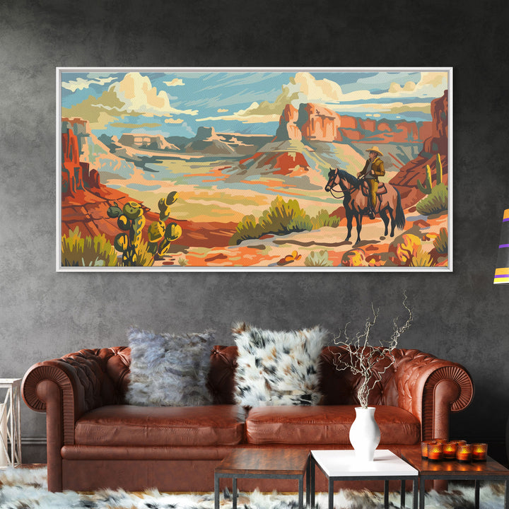 Cowboy Riding through Canyon, Framed Canvas Print for Rustic Living Room Decor, Western Art for Home and Bedroom Decoration