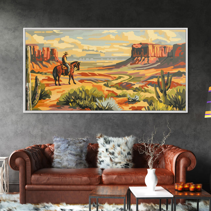 Cowboy Overlooking Desert Canyon, Framed Canvas Print for Rustic Living Room Decor, Western Wall Art, Home and Bedroom Decoration