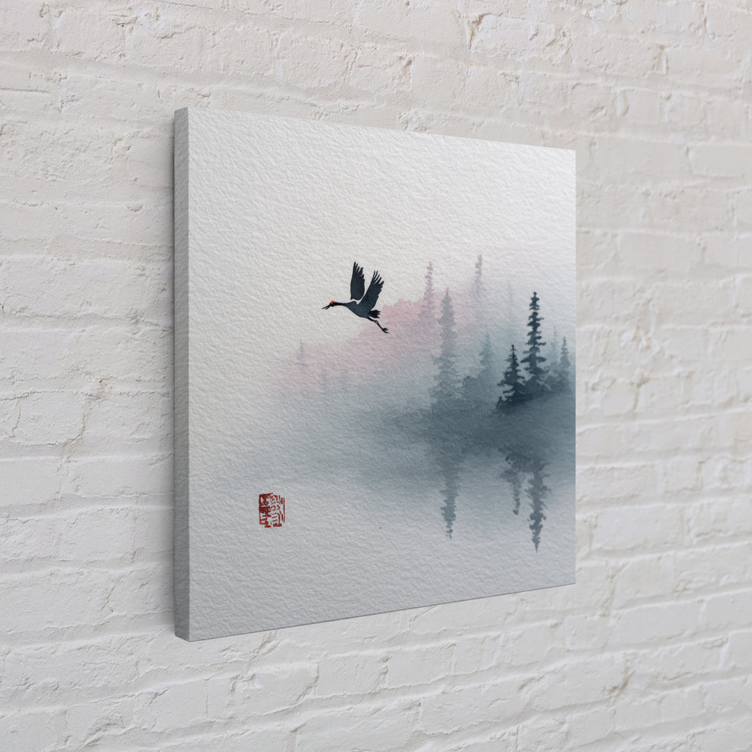 Monochrome Ink Crane Composition Framed Canvas Print, Wall Art, Abstract Art, Living Room Decor, Watercolor Art, WAL-1x1-24