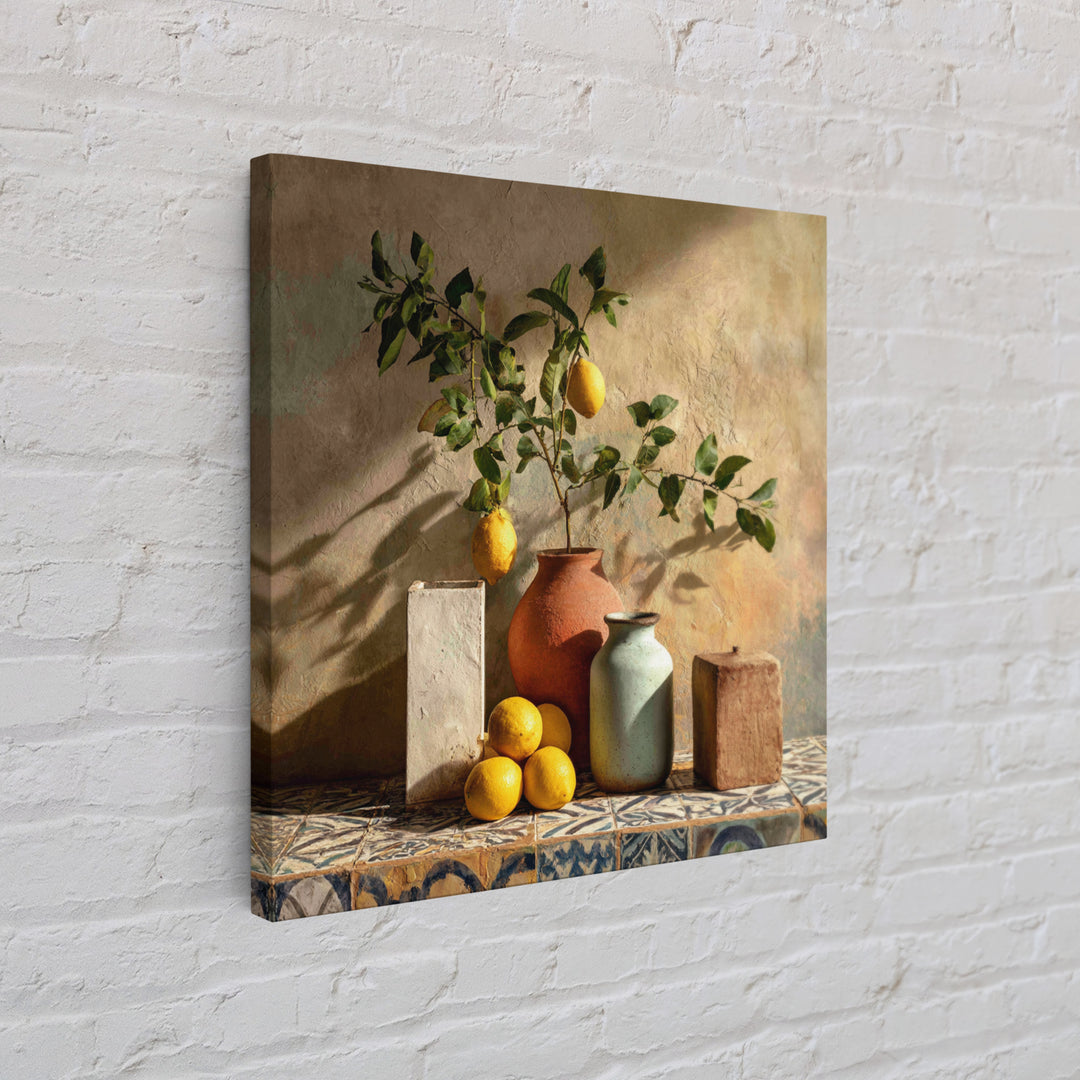 Mediterranean Lemon Branch Still Life Framed Canvas Print, Wall Art, Prints Wall Art, Living Room Decor, Oil Painting, WAL-1x1-46