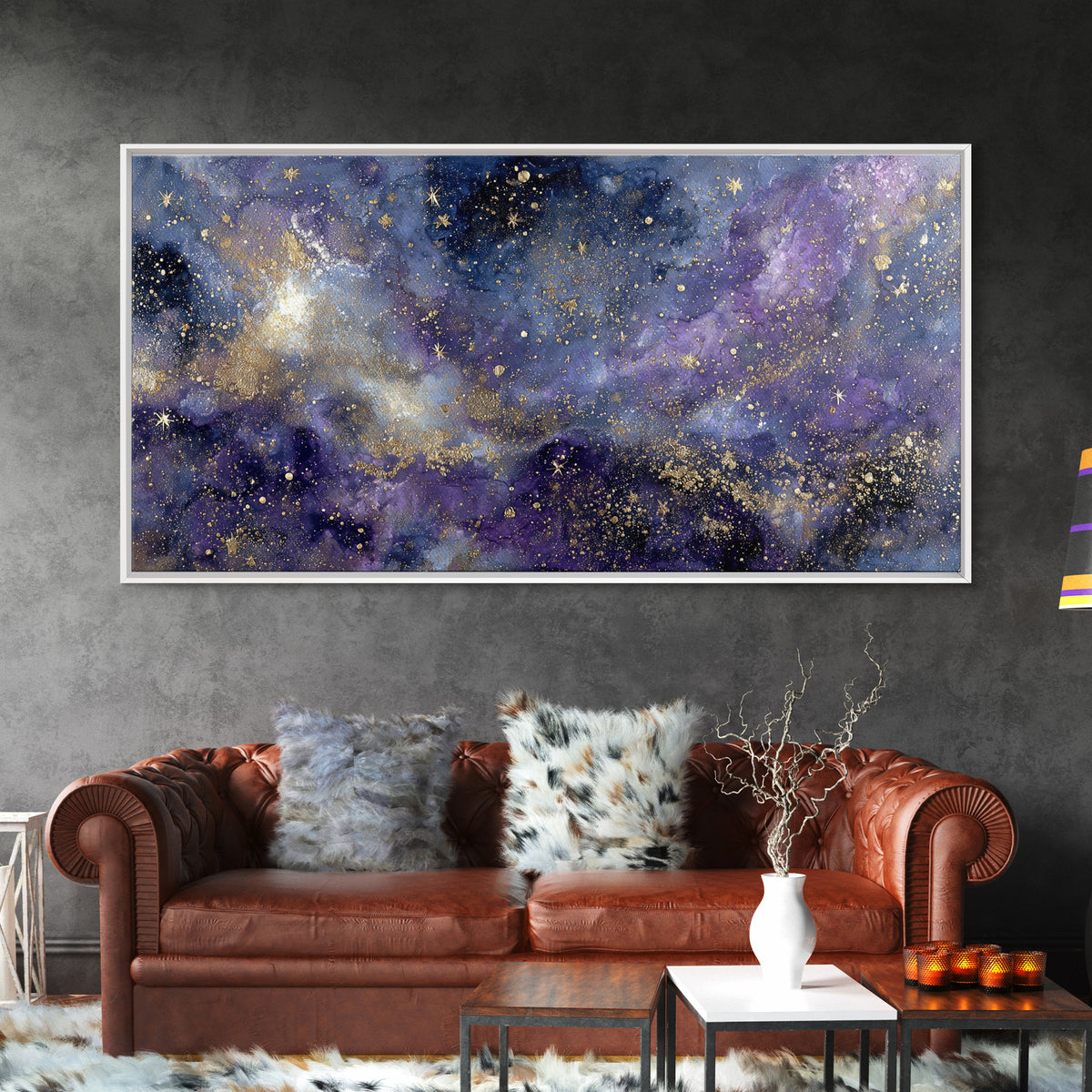 Celestial Moon and Stars Artwork Framed Canvas Print, Wall Art, Contemporary Art, Living Room Decor, Fine Art, WAL-2x1-10