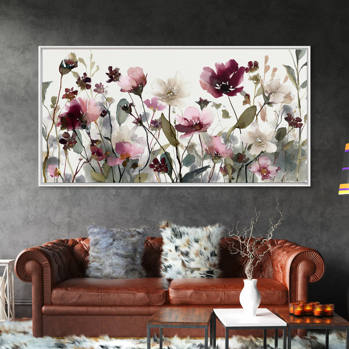 Impressionist Meadow of Wildflowers Framed Canvas Print, Wall Art, Painting, Living Room Decor, Watercolor Art, WAL-2x1-13