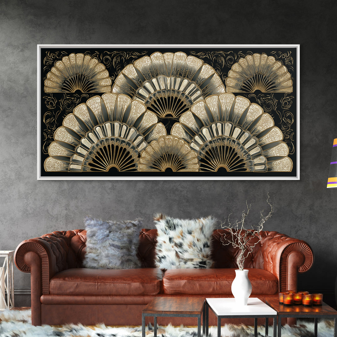 Art Deco Gold Fan Pattern Framed Canvas Print, Wall Art, Fine Art Print, Living Room Decor, Fine Art, Wall Decor, WAL-2x1-16
