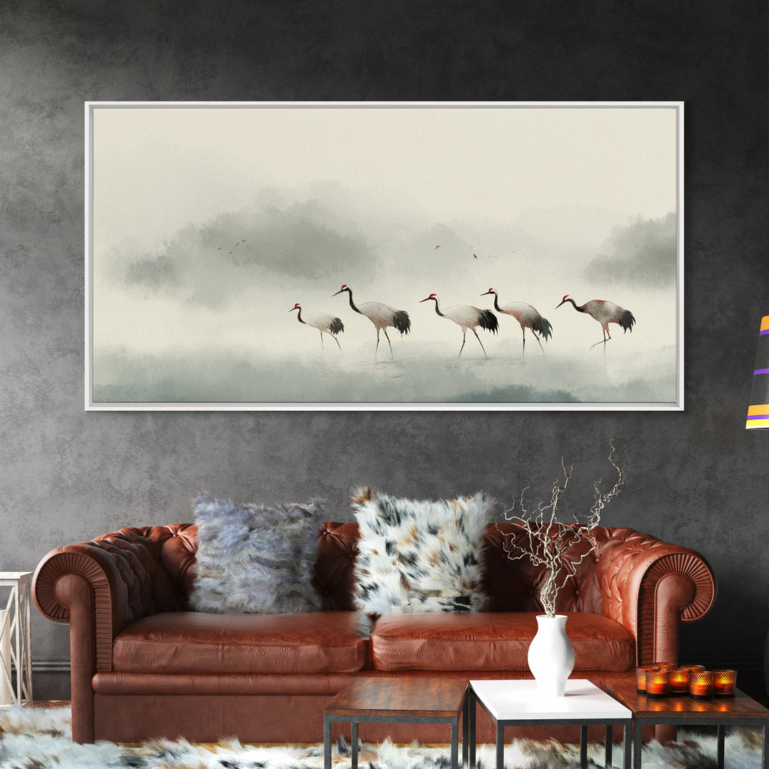 Monochrome Ink Crane Composition Framed Canvas Print, Wall Art, Statement Artwork, Living Room Decor, Fine Art, WAL-2x1-20