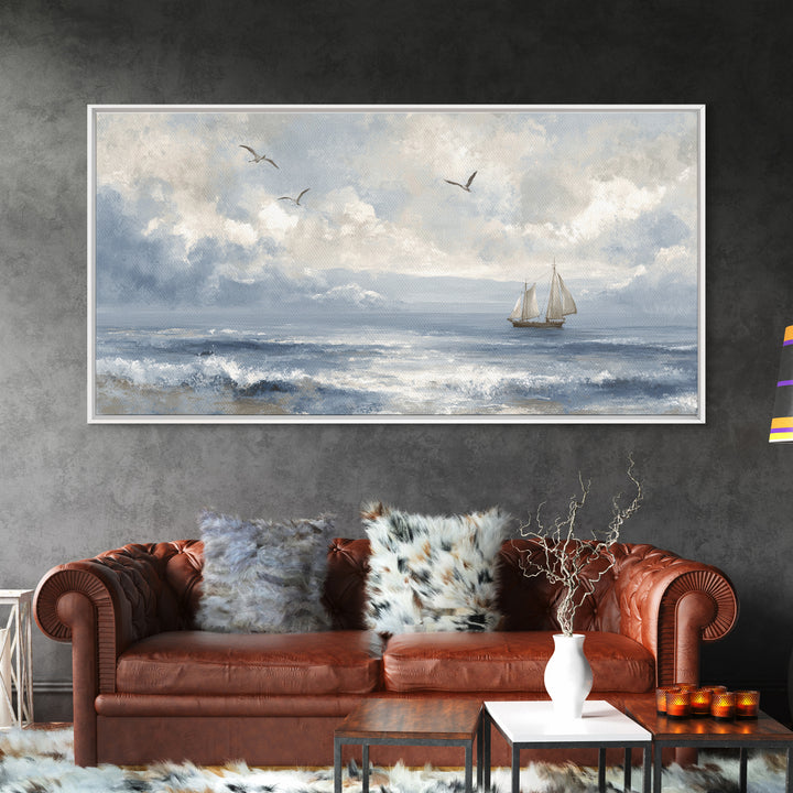Classic Seascape with Dramatic Clouds Framed Canvas Print, Wall Art, Wall Hangings, Living Room Decor, Watercolor Art, WAL-2x1-23