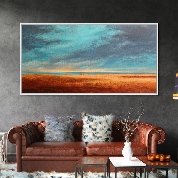 Desert Landscape in Warm Terracotta Tones Framed Canvas Print, Wall Art, Metal Wall Art, Living Room Decor, Oil Painting, WAL-2x1-3