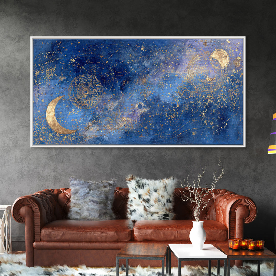Celestial Moon and Stars Artwork Framed Canvas Print, Wall Art, Contemporary Art, Living Room Decor, Fine Art, WAL-2x1-34