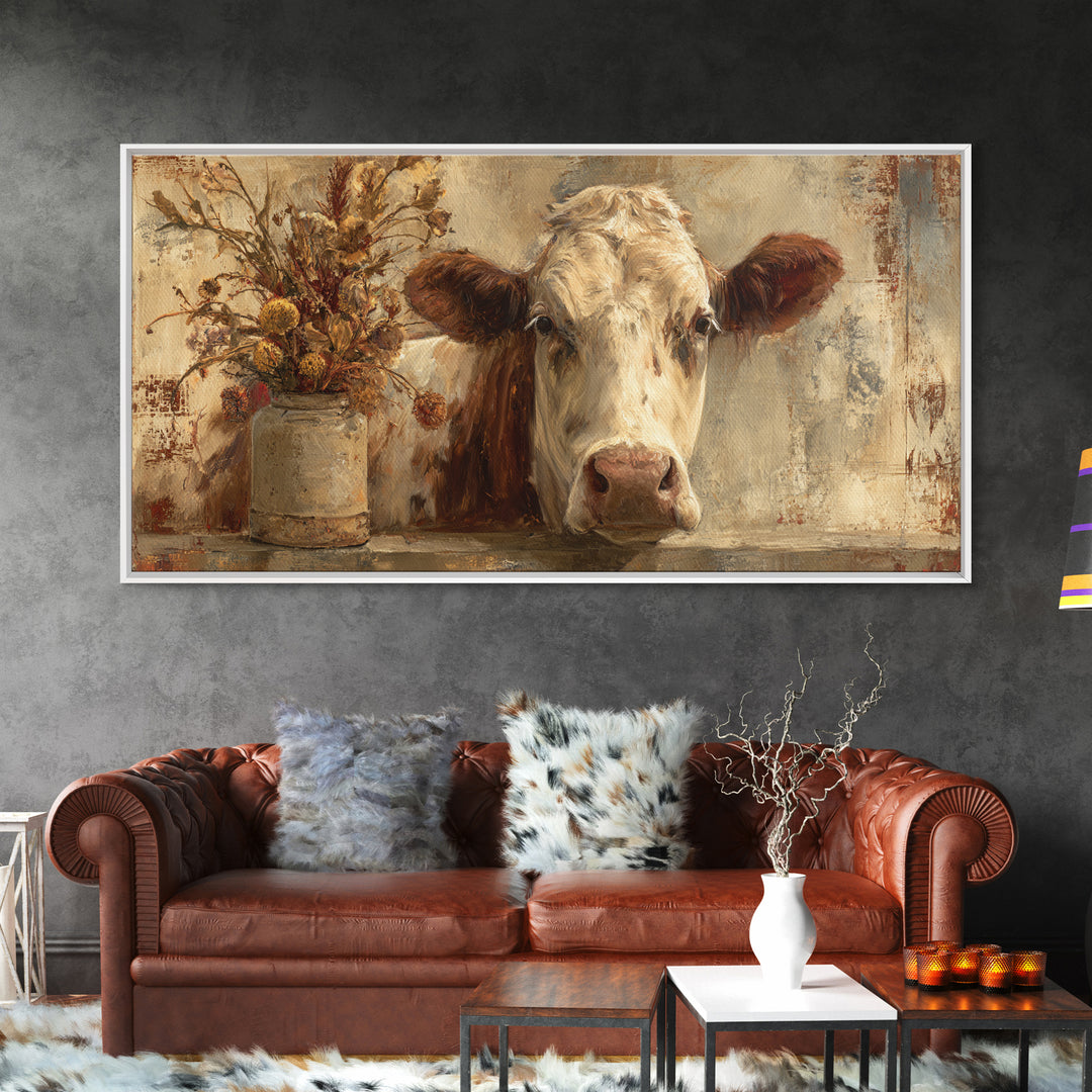 Rustic Farmhouse Cow Portrait Canvas Print, Wall Art, Heart, Living Room Decor, Fine Art, Home Decor Gift, Original Art, WAL-2x1-39