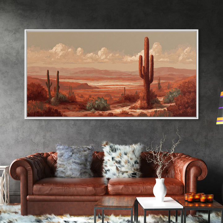 Desert Landscape in Warm Terracotta Tones Framed Canvas Print, Wall Art, Wall Clock, Living Room Decor, Watercolor Art, WAL-2x1-51