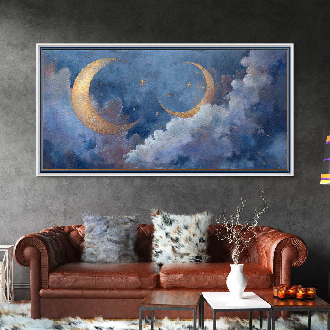 Celestial Moon and Stars Artwork Canvas Print, Wall Art, Painting, Living Room Decor, Fine Art, Art Deco, Wall Hanging, WAL-2x1-58