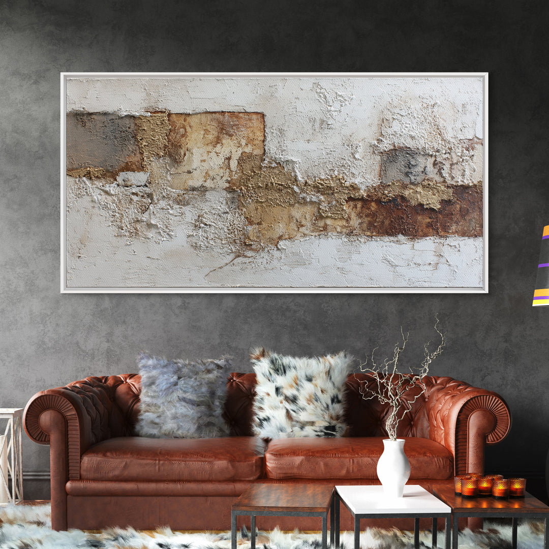 Luxury Neutral Plaster Texture Abstract Framed Canvas Print, Wall Art, Abstract Art, Living Room Decor, Boho Decor, WAL-2x1-59