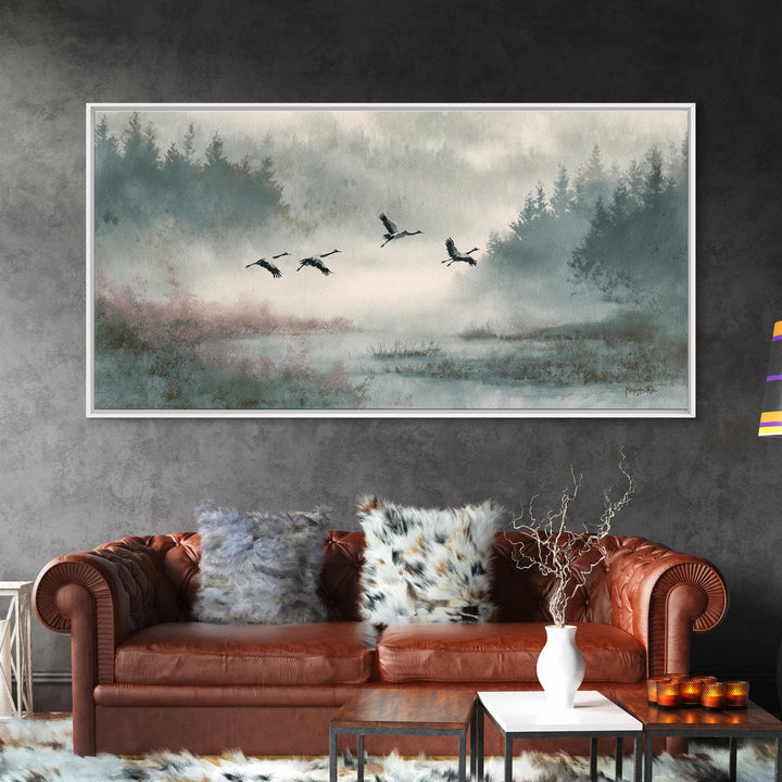 Monochrome Ink Crane Composition Canvas Print, Wall Art, Wall Hangings, Living Room Decor, Watercolor Art, Framed Wall Art, WAL-2x1-68