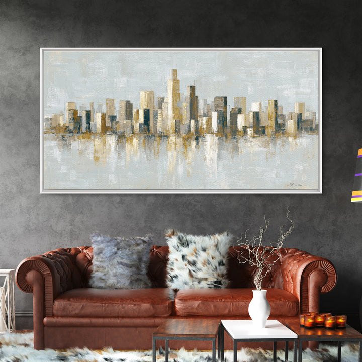 Urban Skyline in Muted Evening Color Framed Canvas Print, Wall Art, Art Print, Living Room Decor, Abstract Art, WAL-2x1-86