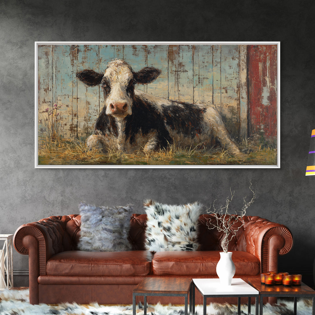Rustic Farmhouse Cow Portrait Framed Canvas Print, Wall Art, Textured Wall Art, Living Room Decor, Oil Painting, WAL-2x1-87