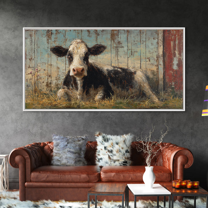 Rustic Farmhouse Cow Portrait Framed Canvas Print, Wall Art, Textured Wall Art, Living Room Decor, Oil Painting, WAL-2x1-87