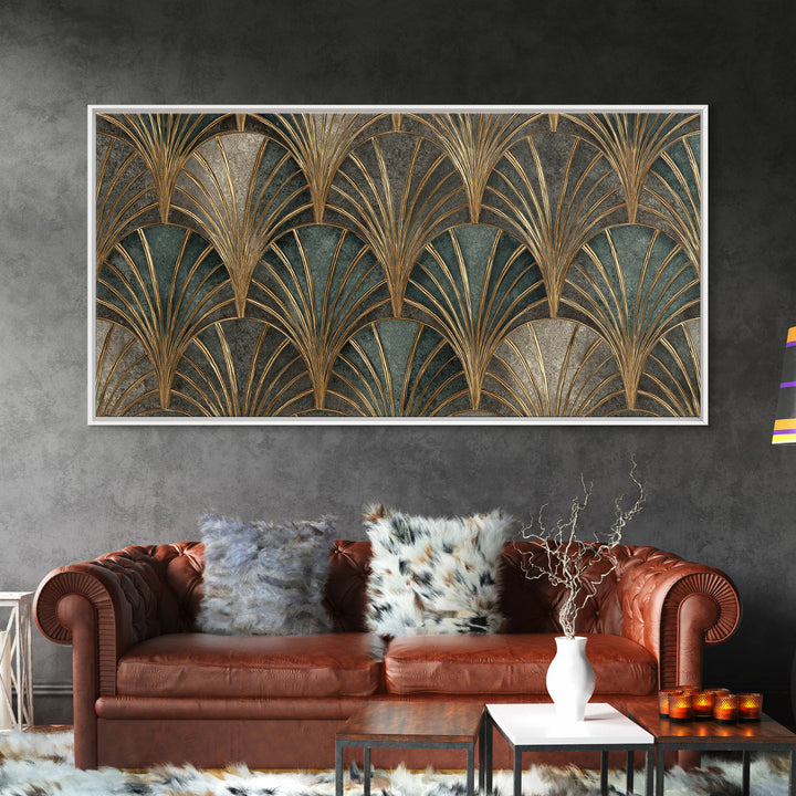 Art Deco Gold Fan Pattern Framed Canvas Print, Wall Art, Digital Wall Art, Living Room Decor, Fine Art, Wood Wall Art, WAL-2x1-88