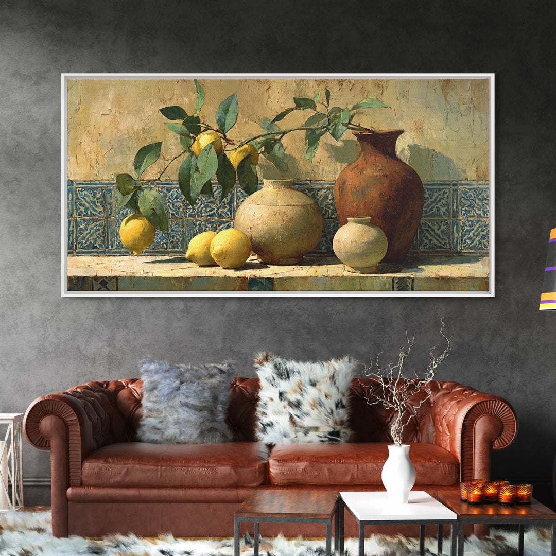 Mediterranean Lemon Branch Still Life Framed Canvas Print, Wall Art, Heart, Living Room Decor, Fine Art, Home Decor Gift, WAL-2x1-90
