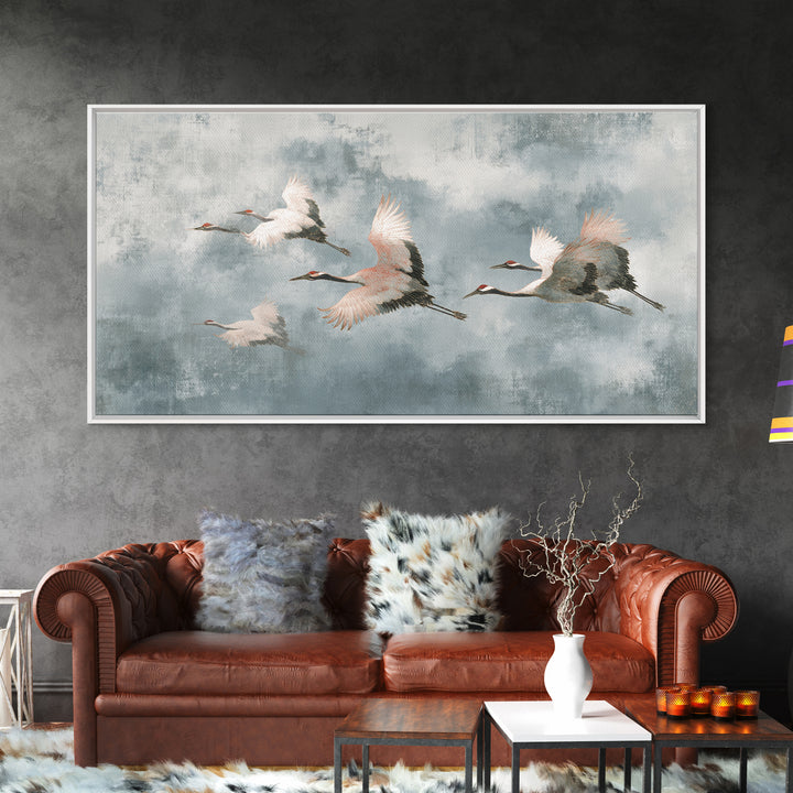 Monochrome Ink Crane Composition Framed Canvas Print, Wall Art, Wall Art for Mom, Living Room Decor, Oil Painting, WAL-2x1-92