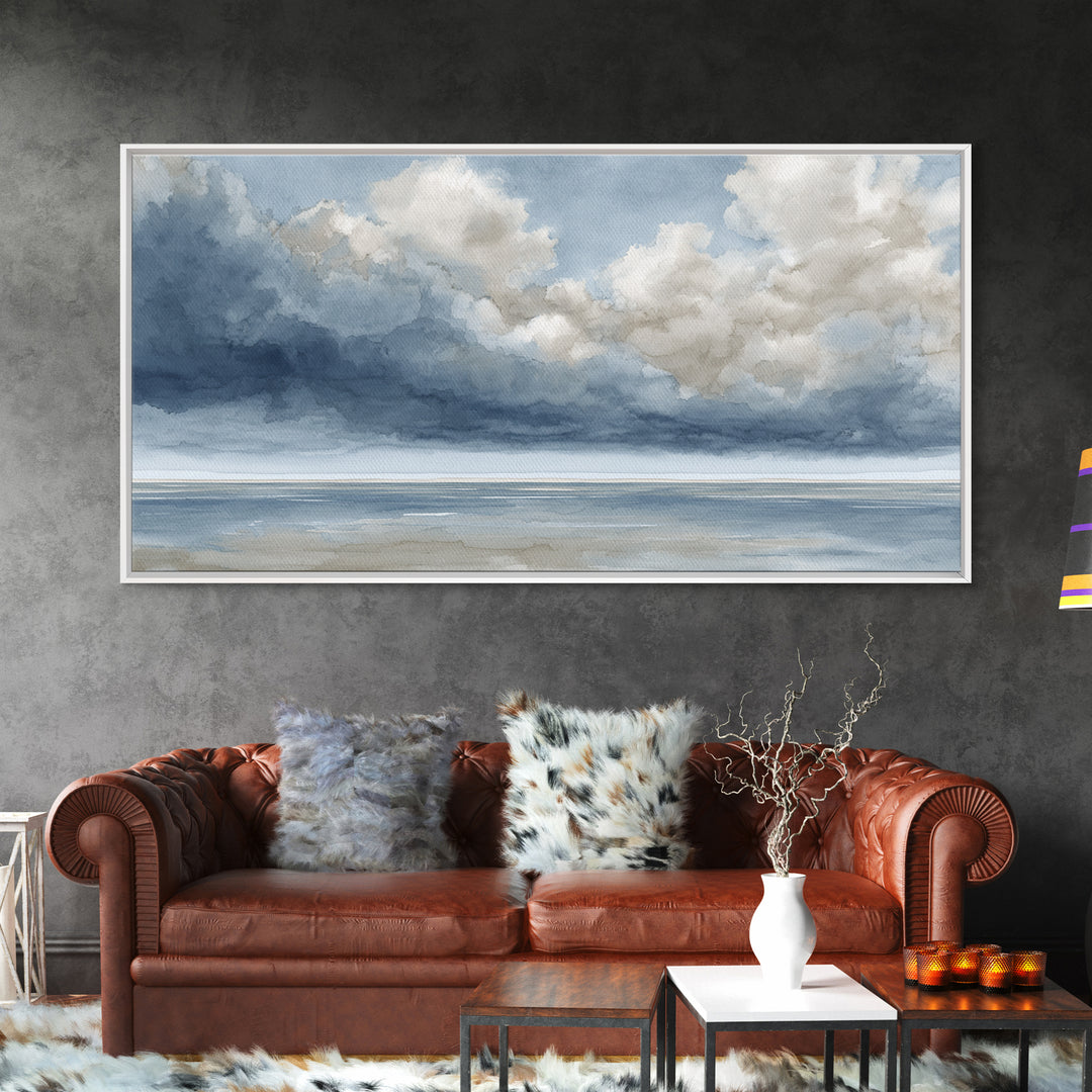Classic Seascape with Dramatic Clouds Framed Canvas Print, Wall Art, Neutral Decor, Living Room Decor, Fine Art, WAL-2x1-95