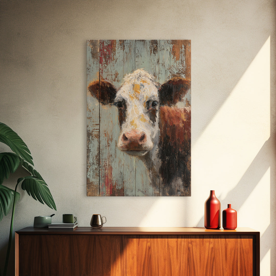 Rustic Farmhouse Cow Portrait Framed Canvas Print, Wall Art, Room Decor, Living Room Decor, Oil Painting, Printable Wall Art, WAL-2x3-3