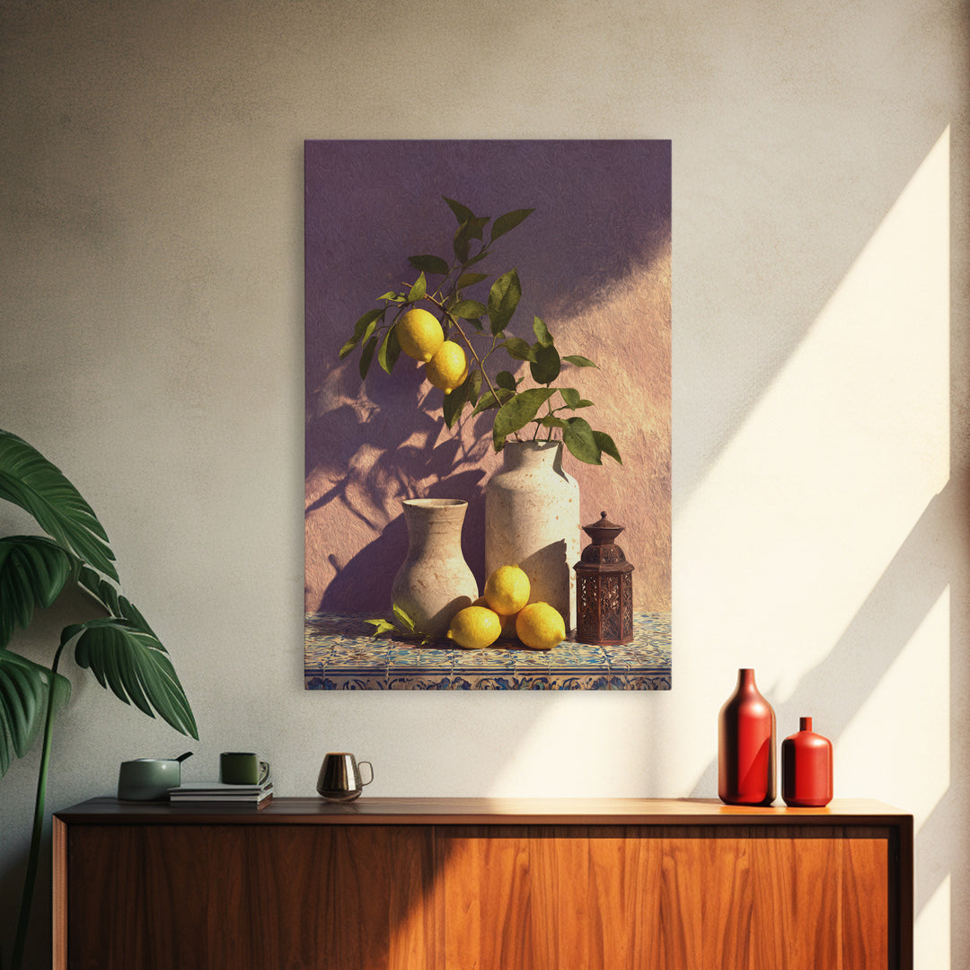 Mediterranean Lemon Branch Still Life Framed Canvas Print, Wall Art, Minimalist Decor, Living Room Decor, Oil Painting, WAL-2x3-30