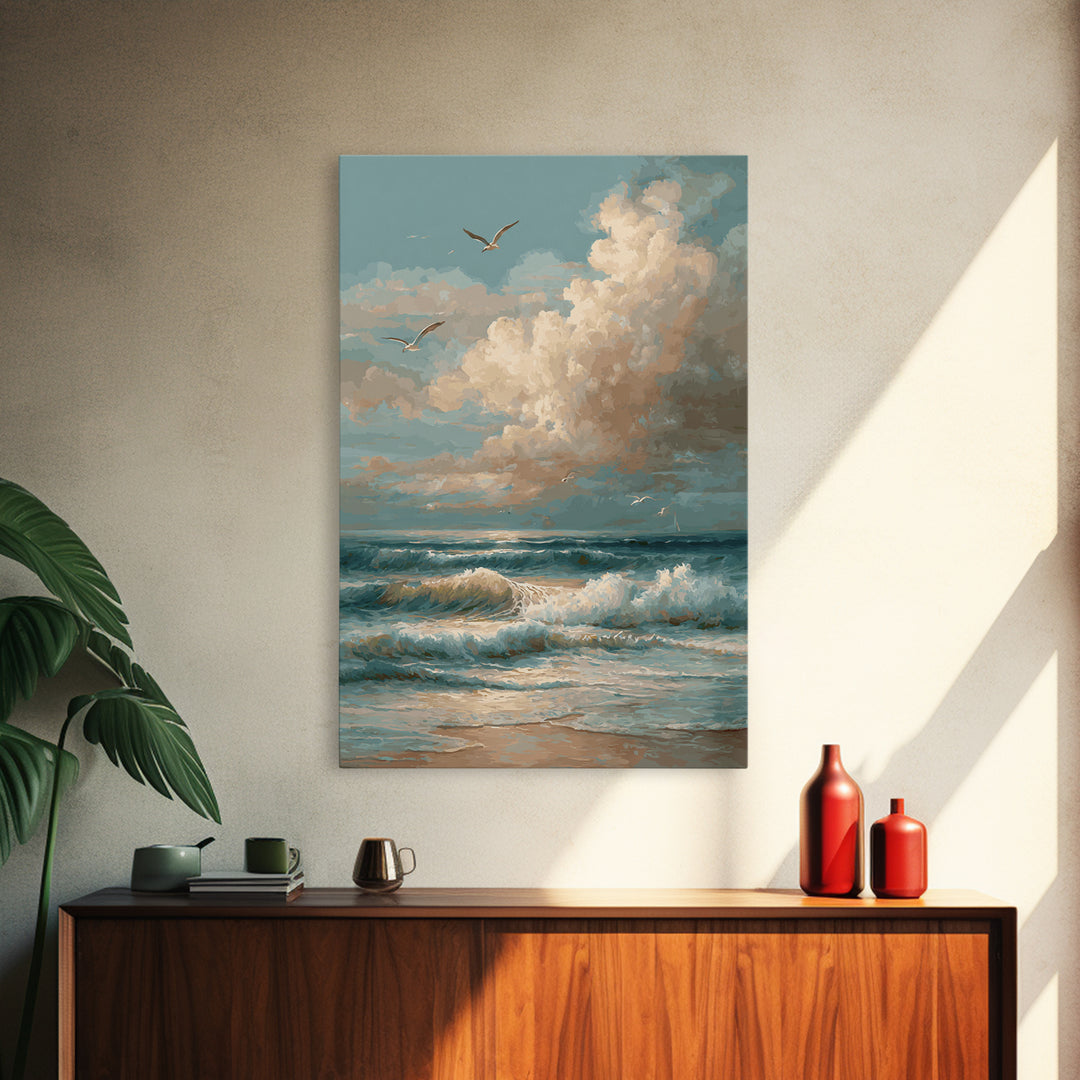 Classic Seascape with Dramatic Clouds Framed Canvas Print, Wall Art, Wall Art for Mom, Living Room Decor, Oil Painting, WAL-2x3-59
