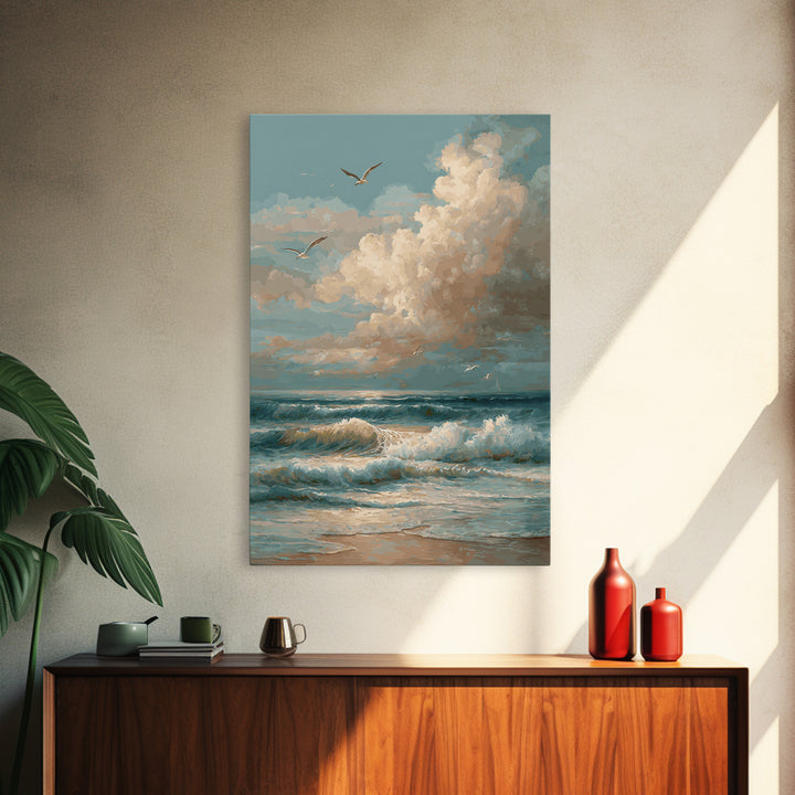 Classic Seascape with Dramatic Clouds Framed Canvas Print, Wall Art, Wall Art for Mom, Living Room Decor, Oil Painting, WAL-2x3-59