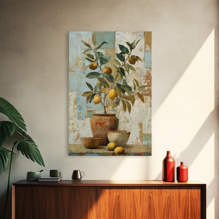 Mediterranean Lemon Branch Still Life Framed Canvas Print, Wall Art, Minimalist Decor, Living Room Decor, Oil Painting, WAL-2x3-6