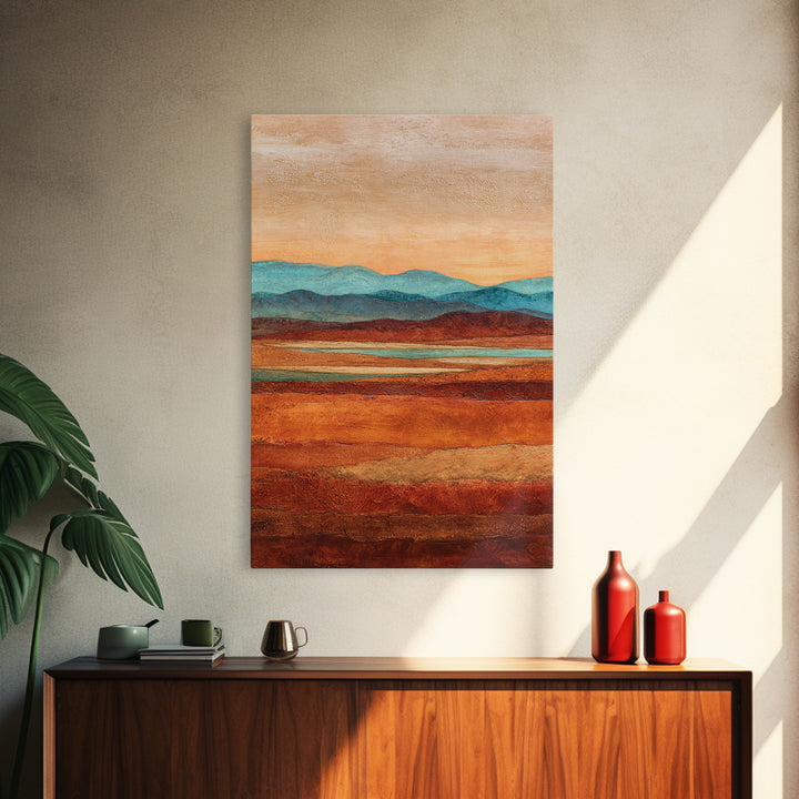 Desert Landscape in Warm Terracotta Tones Framed Canvas Print, Wall Art, Wall Clock, Living Room Decor, Watercolor Art, WAL-2x3-63