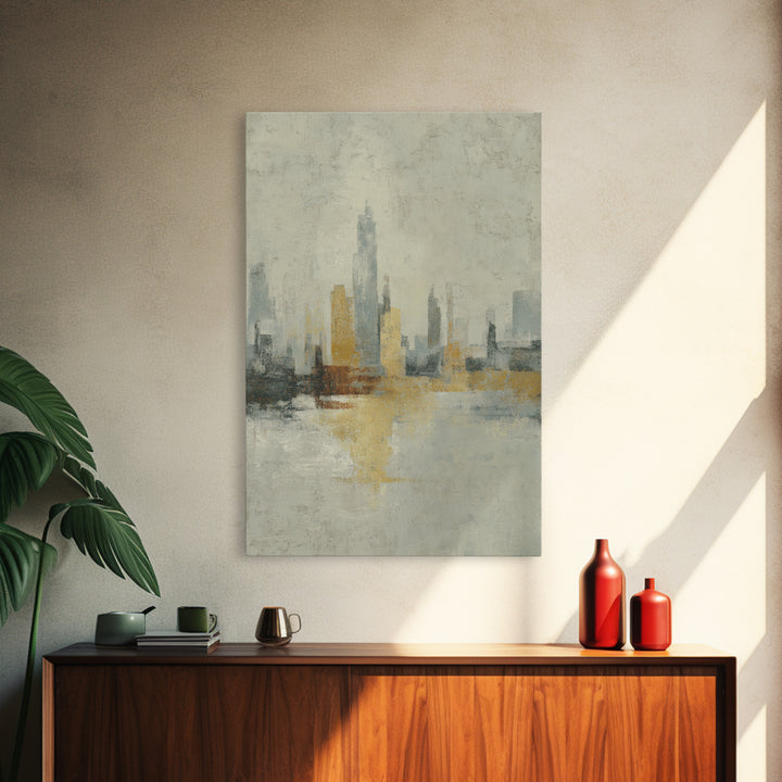 Urban Skyline in Muted Evening Color Framed Canvas Print, Wall Art, Wall Hangings, Living Room Decor, Abstract Art, WAL-2x3-74