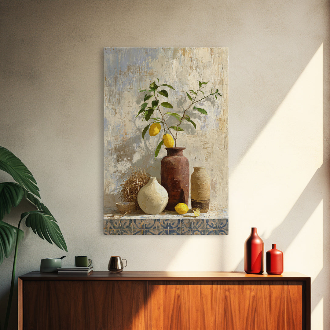 Mediterranean Lemon Branch Still Life Framed Canvas Print, Wall Art, Canvas, Living Room Decor, Watercolor Art, WAL-2x3-78