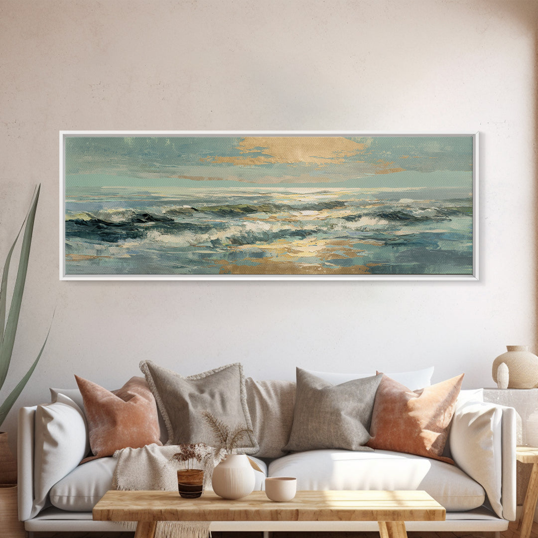 Coastal Aerial Water Study Framed Canvas Print, Wall Art, Textured Painting, Living Room Decor, Fine Art, Wall Hangings, WAL-3x1-27