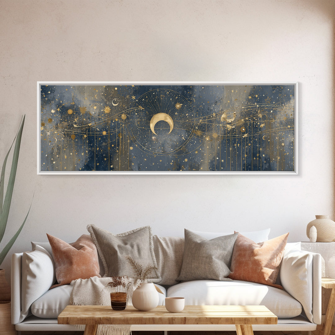 Celestial Moon and Stars Artwork Canvas Print, Wall Art, Painting, Living Room Decor, Fine Art, Art Deco, Wall Hanging, WAL-3x1-30
