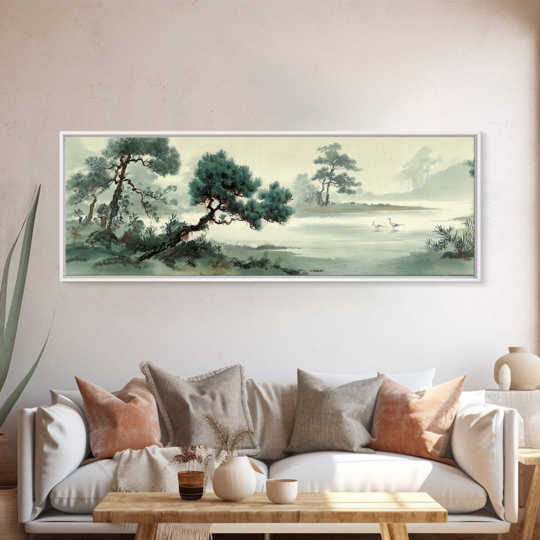 Monochrome Ink Crane Composition Canvas Print, Wall Art, Neutral Decor, Living Room Decor, Fine Art, Home Decor, WAL-3x1-40