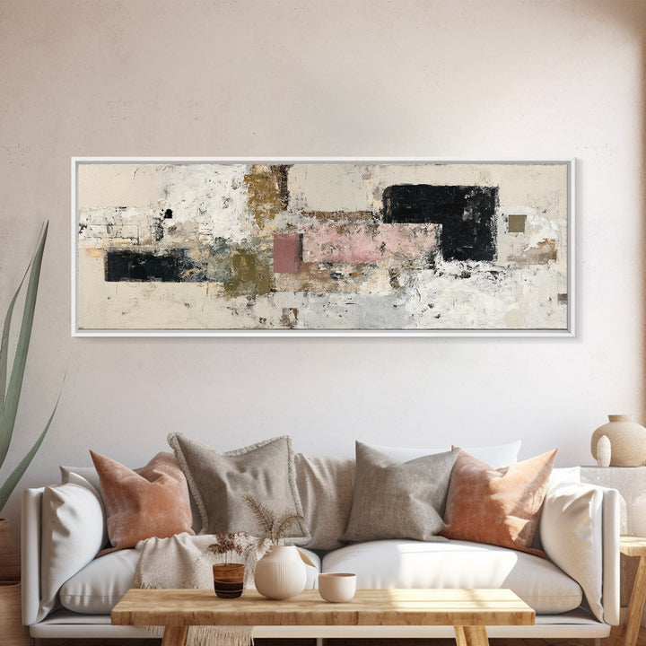 Luxury Neutral Plaster Texture Abstract Framed Canvas Print, Wall Art, Art, Living Room Decor, Fine Art, Wall Clock, WAL-3x1-55
