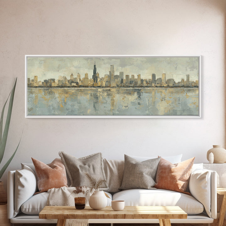 Urban Skyline in Muted Evening Color Framed Canvas Print, Wall Art, Art Deco, Living Room Decor, Fine Art, Abstract Wall Art, WAL-3x1-58