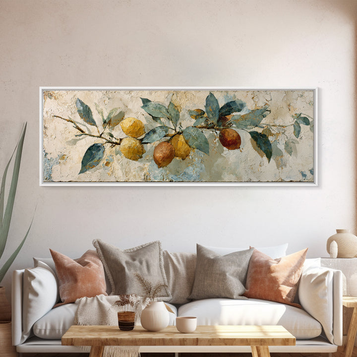 Mediterranean Lemon Branch Still Life Canvas Print, Wall Art, Boho Decor, Living Room Decor, Fine Art, Painting, WAL-3x1-62