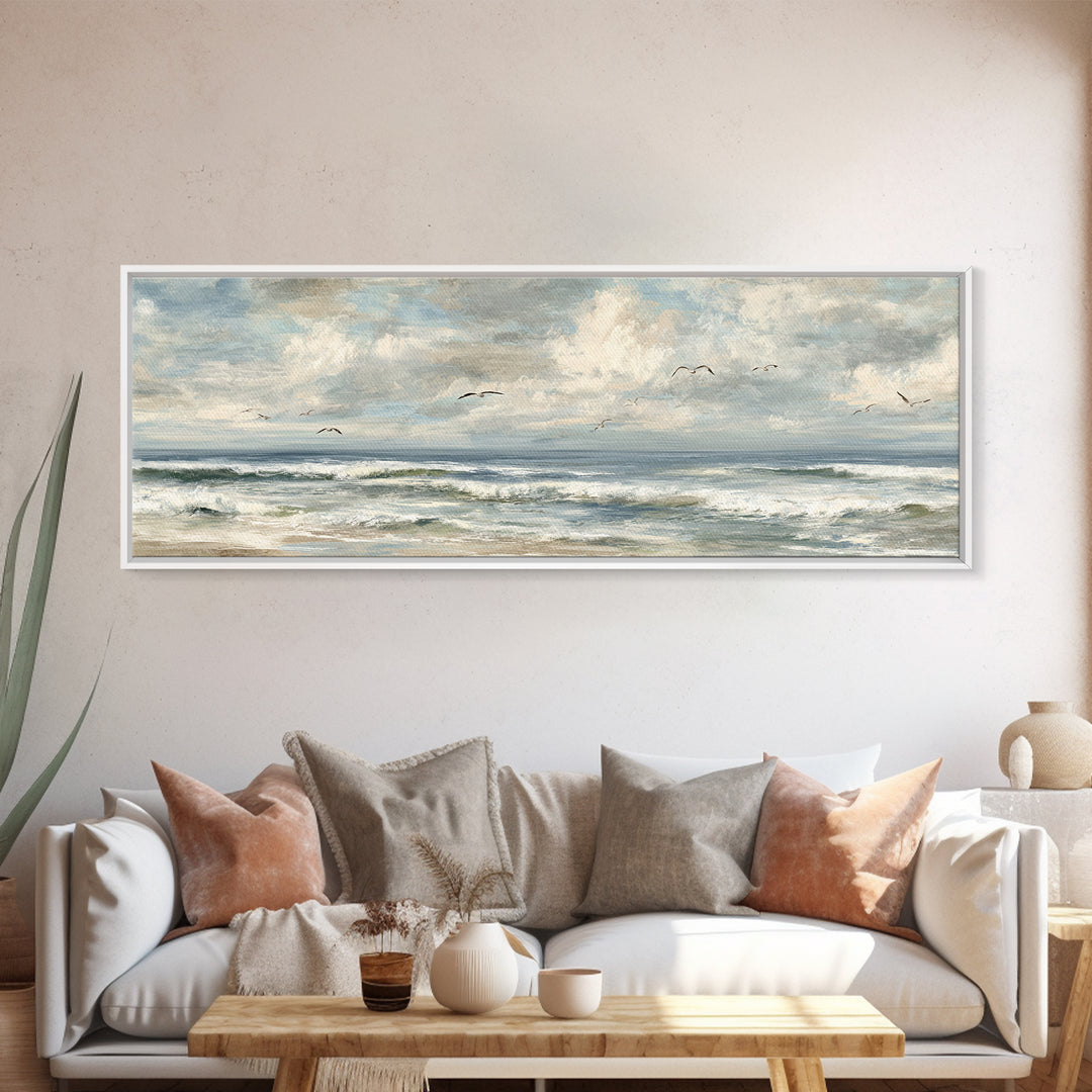 Classic Seascape with Dramatic Clouds Framed Canvas Print, Wall Art, Mid Century Modern, Living Room Decor, Abstract Art, WAL-3x1-67