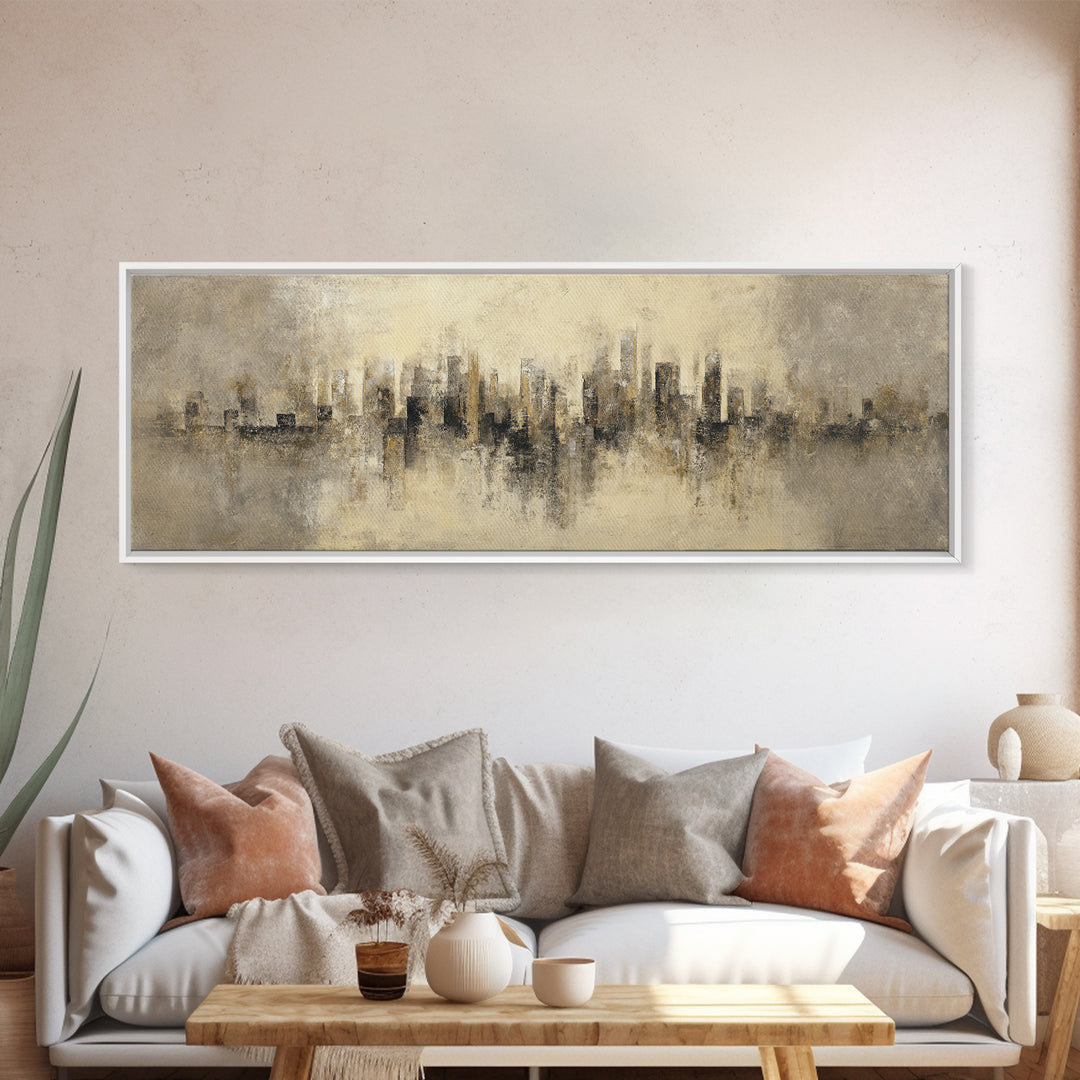 Urban Skyline in Muted Evening Color Framed Canvas Print, Wall Art, Art Deco, Living Room Decor, Fine Art, Abstract Wall Art, WAL-3x1-82