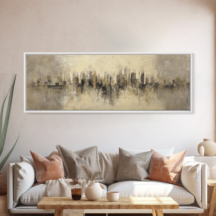 Urban Skyline in Muted Evening Color Framed Canvas Print, Wall Art, Art Deco, Living Room Decor, Fine Art, Abstract Wall Art, WAL-3x1-82